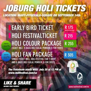 Ticket prices for Holi-One (Ticket Sales start 25 July 2013)